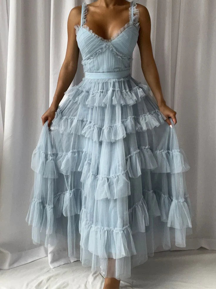 Weitese Dress Spaghetti Straps V Neck Sleeveless A-line Floor Length Light Blue Tulle Layers Long Prom Dress
